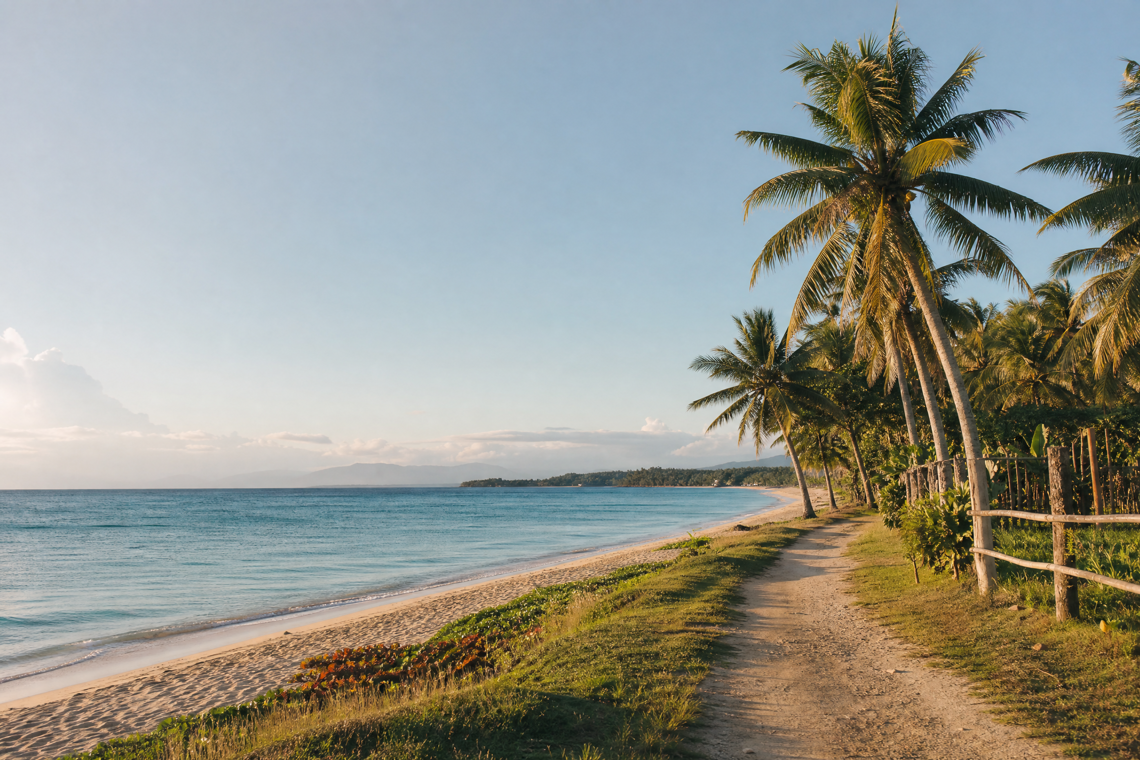 Warm coastal scene inspired by Mati and Dahican, with palms, blue water, and a welcoming path